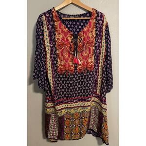 Anandas Collection Dress Womens XL Multicolor Floral Tassel Boho Artsy Peasant